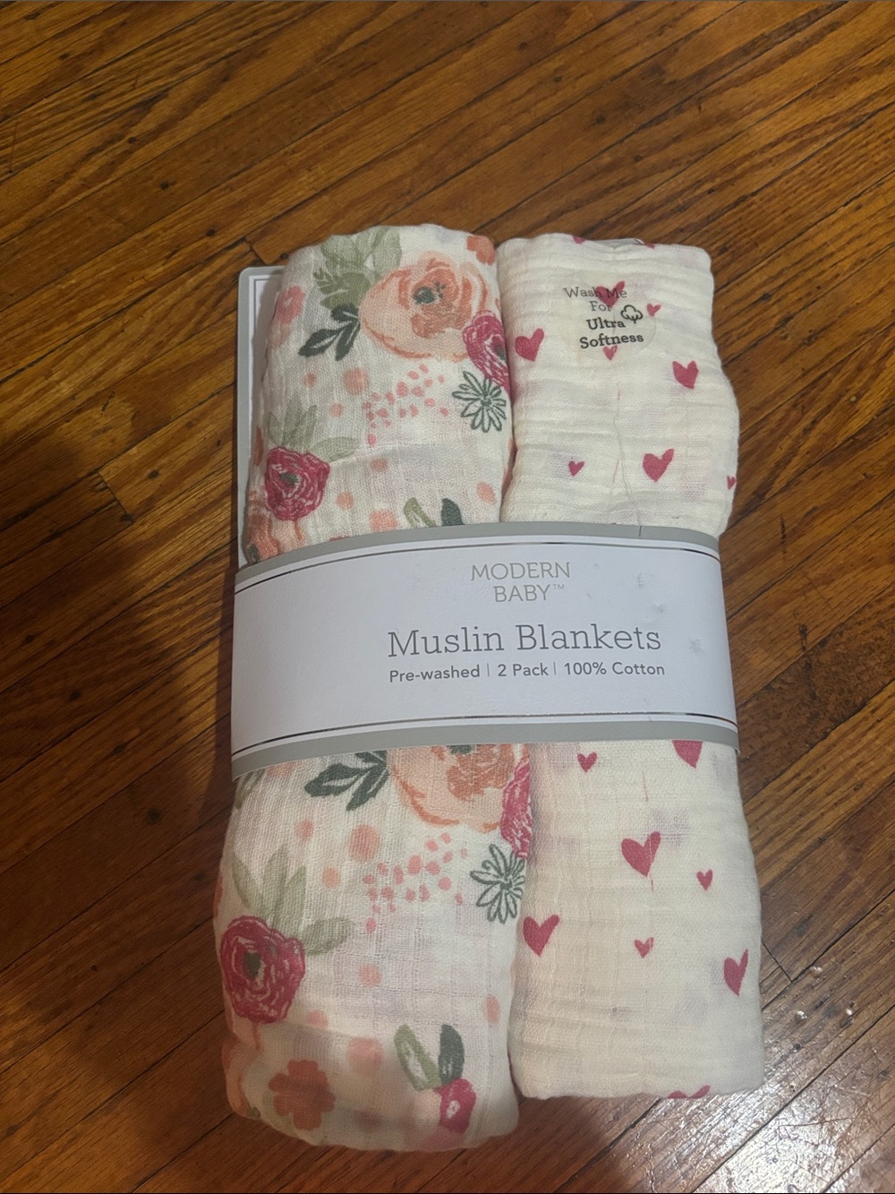 Modern Baby Muslin Blankets - Floral & Heart Print, Pink/Cream - 2 Pack